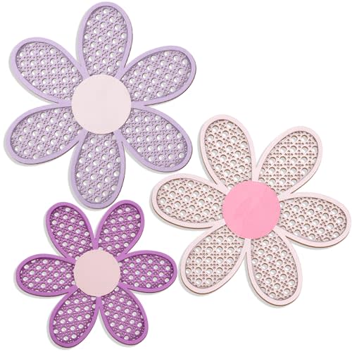 Maitys 3 Pieces Boho Daisy Wall Decor Natural Rattan Flower Wall Hanging Art Wooden Boho Art Nursery Flowers Farmhouse Hanging Decor for Home Office Nursery(Pink, Purple)