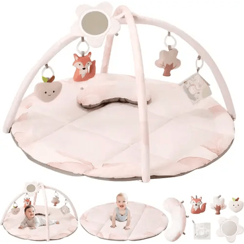 Fortella Baby Play Gym & Activity Mat, Tummy Time Mat w 5 Detachable Toys and Pillow, Large Sensory Playmat for Floor, Newborn Infant Baby Essentials Shower Gift 0-3-6-9-12 Months (Rose Pink)