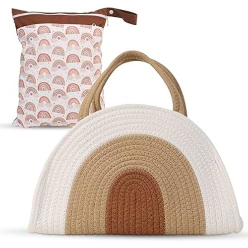 Diaper Caddy Organizer + Wet Bag - Cotton Rope Diaper Caddy Basket - Diaper Bag Organizing Pouches - Gift for Baby Shower List - Stylish Storage Basket and Diaper Station - New Parents Essentials