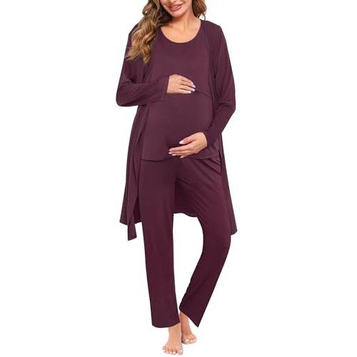 SWOMOG Maternity Nursing Robe Set 3 PCS Women Postpartum Pajamas Breastfeeding Labor Delivery Hospital Pregnancy Pjs