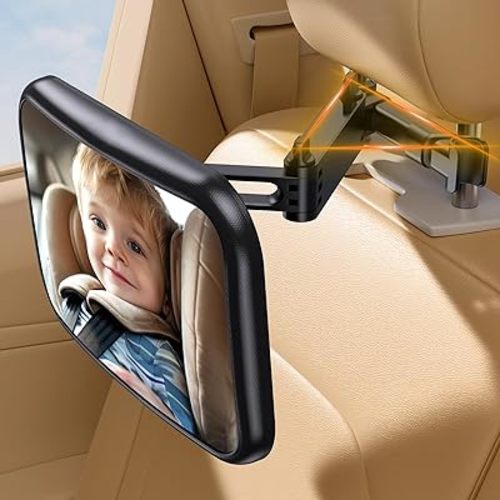 OMOTON Baby Car Mirror, Safety Car Mirror with Retractable Arm & Wide Crystal Rearview for Backseat, 360° Adjustable & Shatterproof, Easy Install Baby Essentials