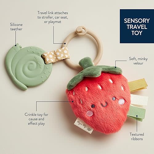 Itzy Ritzy Infant Toy & Teether - Itzy Pal Baby Teething Toy Includes Lovey, Crinkle Sound, Textured Ribbons & Silicone Teether for Newborn (Strawberry)