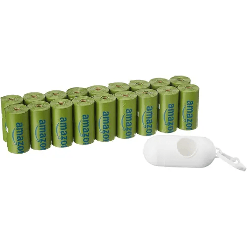 Amazon Basics Dog Poop Bags with Dispenser, 270 Count, Enhanced for Guaranteed Leakproof, Talcum Powder Scented, Includes Leash Clip