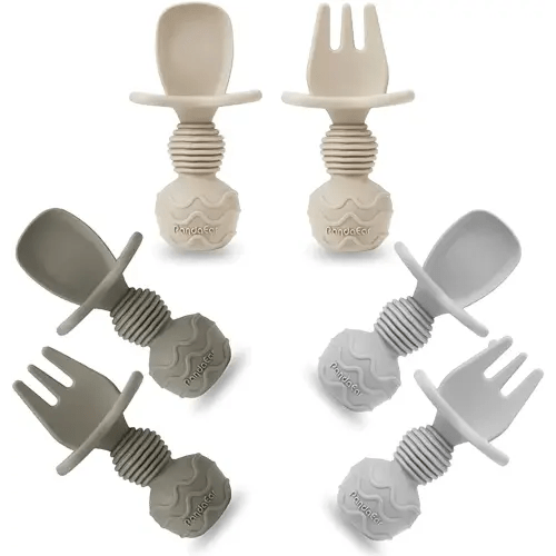 PandaEar 6 Pack Silicone Baby Spoons and Fork Feeding Set- Anti-Choke First Self Feeding Utensils for Baby Led Weaning Ages 3 Months (Tan,Walnut&Grey)