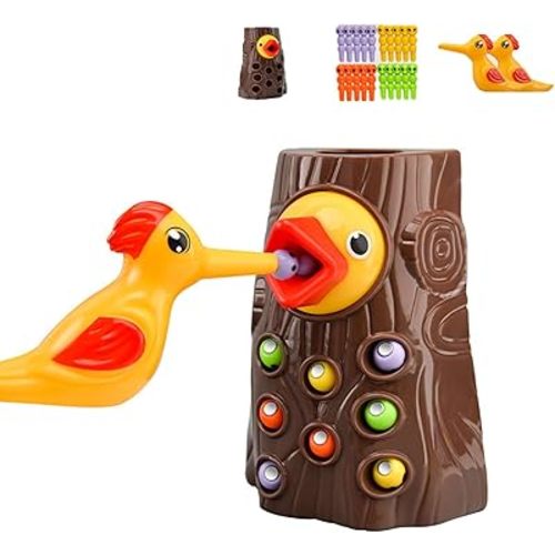 1 Pack Magnetic Woodpecker Worm Catching Game - Montessori-Inspired Fine Motor Skills Toy, Interactive Nature-Themed Sensory Play Set with Tree Stump, 2 Birds & 20 Worms, Educational Gift