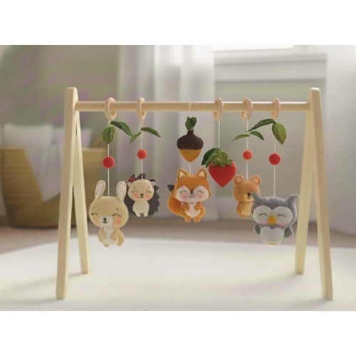 Handmade Felt Woodland Animal Baby Gym | Natural Wood & Forest Theme Toys