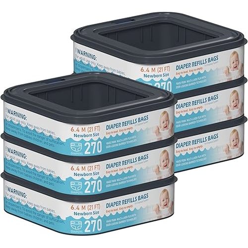 Standard Square Refills Disposal Bags Refill Compatible with Diaper Genie Compact, Select and Classic Pails, Hold Up to 270 Newborn-Sized Diapers Per Refill, Pack of 6
