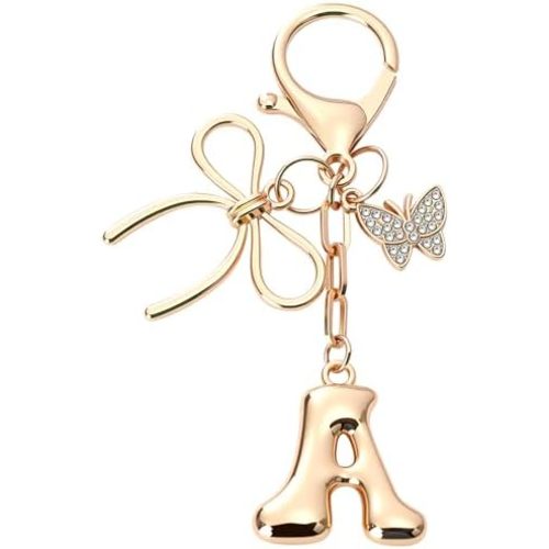 Bubble Initial Keychain with Bow & Butterfly - Gold Letter Bag Charms for Women, Cute Purse Handbag Accessories