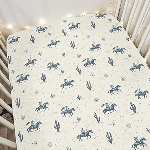 Vintage Western Cowboy Baby Crib Sheets for Boy Girl 28"x52" Retro Cowboy Horse Cactus Soft Stretchy Fitted Crib Mattress Cover Wild Desert Baby Sheet for Standard Crib & Toddler Mattress Pads