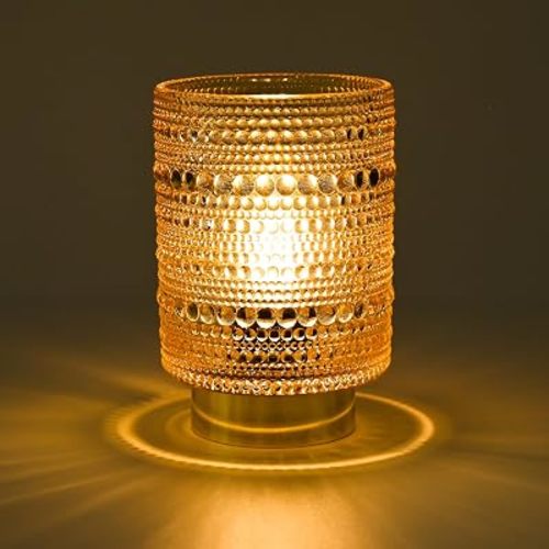 Battery Operated Lamp with Auto-Off Timer, Cordless Table Night Light for Bedroom & Entryway, Portable LED Lamp for Home, Outdoor, Camping No Battery Included (Pearl Design-Amber)