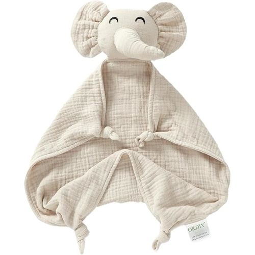 Organic Elephant Lovey, Muslin Security Blanket for Babies, Elephant Baby Stuffed Animal, Snuggle Toy, Gift for Boys and Girls (Khaki)
