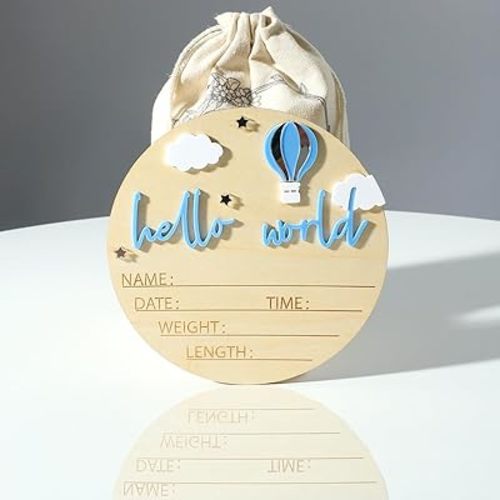 Ylsteed Baby Announcement Sign - Wooden Hello World Newborn Signs for Boy and Girl, Baby Birth and Shower, Hospital Nursery Decor