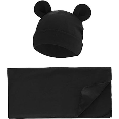 Unisex Baby Swaddle Blanket with Hat Set Newborn Swaddle Receiving Blankets Sleep Sack for 0-3 Months Boys Girls(Black)