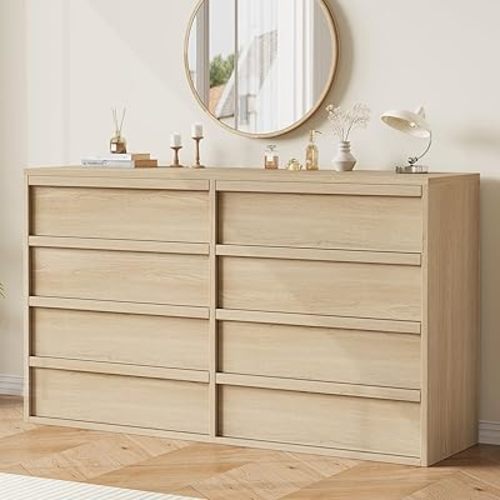 GarveeHome 8 Drawer Dresser for Bedroom, 54in Wide Natural Oak 8 Chest of Drawers with Large Storage, Wooden Dresser Organizer Closet for Living Room, Entryway, Nursery