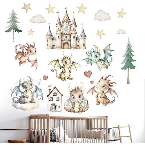 Baby Dragon Wall Stickers for Nursery: Kids Boys Girls Bedroom Wall Decals - Cute Stars Clouds Tree