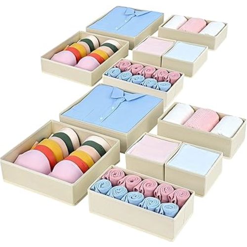 DIMJ Set of 12 Drawer Organizers Foldable Organizers and Storage Fabric Wardrobe Clothes Organizer Multifunctional Storage Box for Clothes, Bra,(Beige)