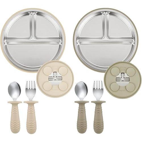 PandaEar 2 Pack Stainless Steel Baby Suction Plates & 2 Pack Spoons and Forks Set, Toddler Utensils Baby Feeding Set, Divided Plates for Baby Led Weaning Supplies, BPA-Free