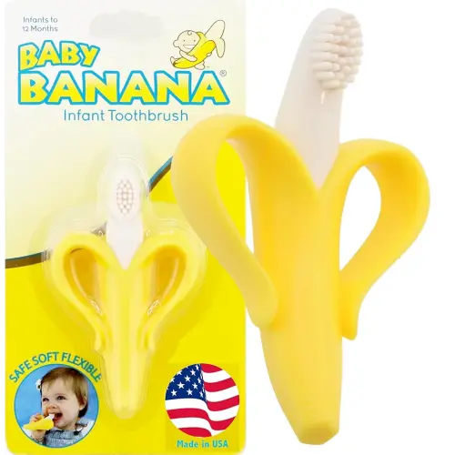 The Original Baby Banana Toothbrush Teether Toy, for Babies Infants Toddlers; USA Family-Owned Business; Teething Relief for Sore Gums, Massaging Soothing; Safest Food Grade Silicone