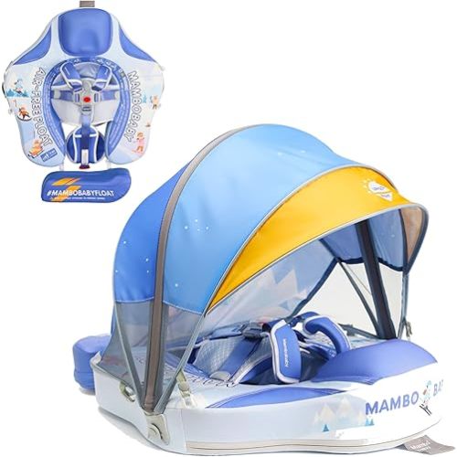 Baby Floats for Pool with Canopy Removable UPF 50+ UV Sun Protection Canopy，Mambobaby Infant Pool Float Non Inflatable Soft Skin-Friendly Leather Material Infant Swim Float 3-24 Months
