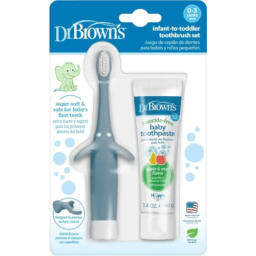 Dr. Brown's Infant-to-Toddler Training Toothbrush Set, Blue Elephant with Fluoride-Free Apple Pear Baby Toothpaste, 0-3 years