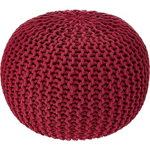 REDEARTH · Round Pouf Ottoman - Hand Knitted Cable Boho Poof - Foot Stool Bean Bag - Home Décor Stuffed Footrest for Living Room - Nursery - Bedroom - 100% Cotton Poufs (19.5"x19.5"x14") - Red