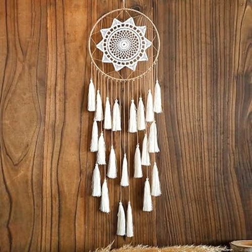 Artilady Macrame Dream Catchers for Bedroom - Tassel Wall Hanging Handmade Dreamcatchers Home Decor with Tassel Feather Ornament Craft Blessing Gift (Beige)