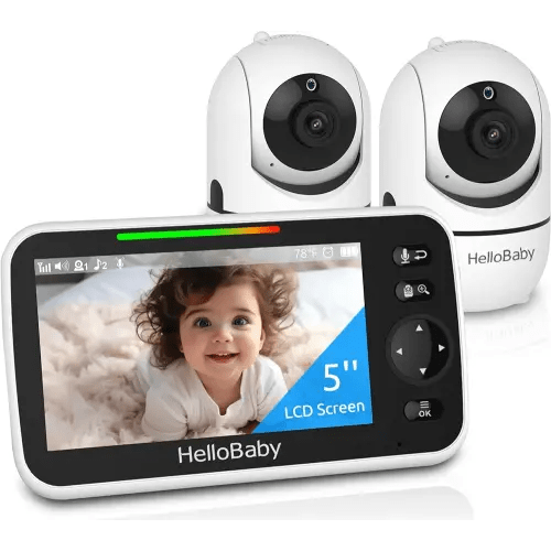 HelloBaby Upgrade 5’’ Baby Monitor with 26-Hour Battery, 2 Cameras Pan-Tilt-Zoom, 1000ft Range Video Audio Baby Monitor No WiFi, VOX, Night Vision, 2-Way Talk, 8 Lullabies and Temperature