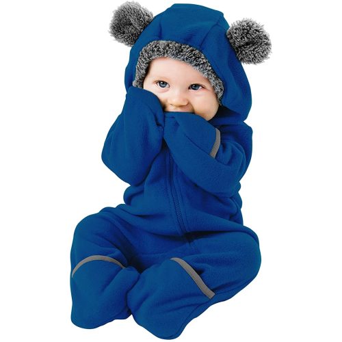 Fleece Baby Bunting Bodysuit – Infant One Piece Kids Hooded Romper Outerwear Toddler Jacket - 0-3 Months - Bear - Navy