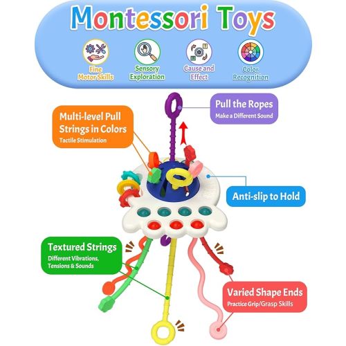 Yetonamr Baby Sensory Montessori Toys for 6-12-18 Months, Blue Pull String Teething Toy, Stocking Stuffers Birthday Gift Travel Toy for 1 2 Year Old Boy Girl Infant Toddlers 8 9 10 Months Old