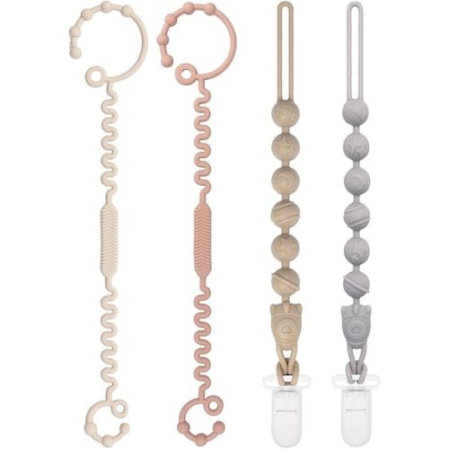 Babygoal Silicone Pacifier Clips 4 Pack,2pcs Pacifier Holder Clip with 2pcs Toy Strap Chain for Baby Boy Girl Fits All Pacifier,Binky,Teething Toys,Highchairs,Car Seat,Strollers-Neutral Color