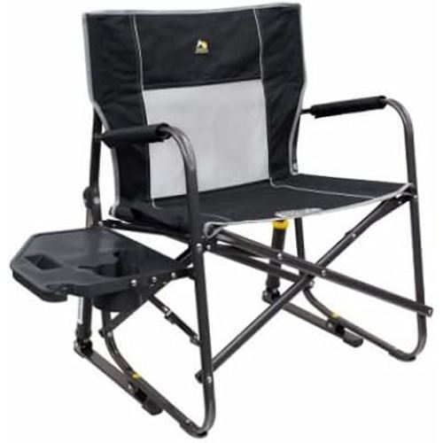 GCI Outdoor Freestyle Rocker XL with Side Table Camping Chair | Portable Folding Rocking Chair with Solid, Durable Armrests, Drink Holder & Comfortable Backrest — Black