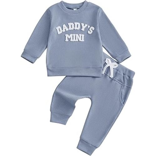Kupretty Toddler Baby Boy Fall Winter Clothes Embroidery Waffle Knit Sweatshirt Pullover Tops + Casual Pants Outfit Set