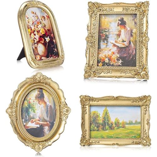 Geetery 4 Pcs Gold Gothic Vintage Picture Frame Set Victorian Antique Ofrenda Photo Picture Frame Small Luxury Wall Hanging Decor for Gallery Wall Photo Display Tabletop Home Decoration