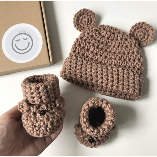 Brown Baby Bear Hat and Booties Set, Newborn Baby Gift