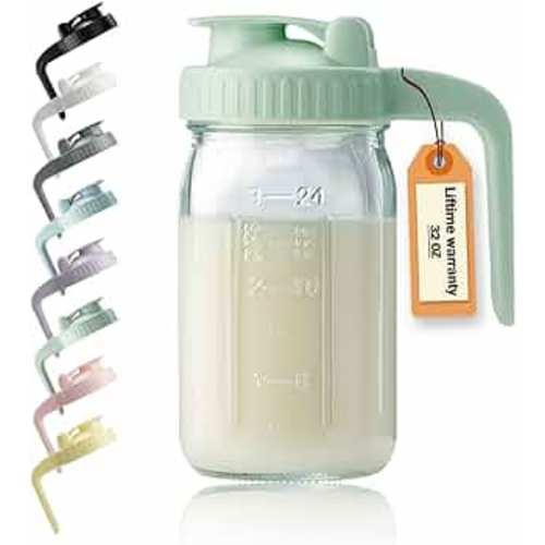 32oz Glass Pitcher with Lid & V-shaped Pour Spout - 1 Quart Breastmilk Pitcher Double Leak Proof, Creamer Container for Sun Tea, Juice, Cold Brew Coffee, Breastmilk Storage Container