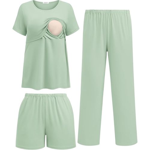 Ekouaer 3 Piece Postpartum Nursing Pajamas Set Short Sleeve Breastfeeding Shirts Pregnancy Shorts & Pants Maternity Pjs