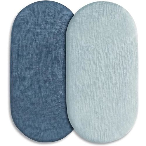 Muslin Bassinet Fitted Sheets, 2 Pack for Baby Boy and Girl, Soft Breathable Stretchy Baby Pad/Mattress Sheet Set, Universal Fit for Hourglass Oval and Rectangle Bassinet Mattress (Bright Colors) - Bassinet Sheets 2 Pack