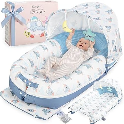 Almohada de lujo para tumbona infantil, tumbona para bebés de 0 a 24 meses, nido portátil de bambú de algodón con sombrilla plegable y 2 juguetes de peluche, malla suave y transpirable para