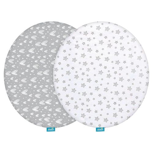 Bassinet Sheets Compatible with Fisher-Price On-The-Go Baby Dome, 2 Pack, 100% Jersey Knit Cotton Fitted Sheets, Breathable and Heavenly Soft, Grey Hearts and White Stars Print for Baby