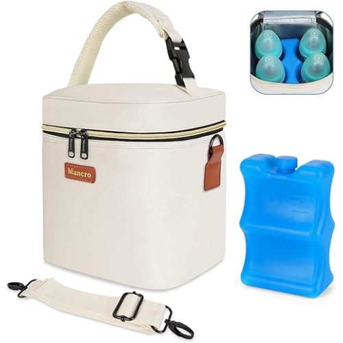 Mancro Breastmilk Cooler Bag for Travel, Fits 4 Baby Bottles Up to 9 Ounce, Baby Bottle bag with Ice Pack, Insulation Breast Milk Cooler Travel, Cream