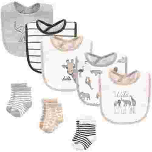 Hudson Baby Infant Cotton Bib and Sock Set 8pk, Modern Safari Animals, One Size