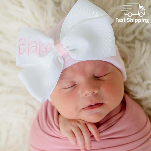 Personalized Newborn Girl Hospital Hat, White Ribbon Bow, Embroidered Name