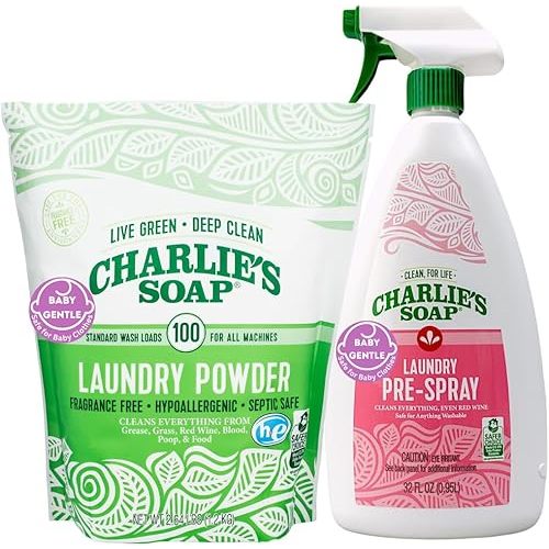 Charlie’s Soap Baby Variety Pack Pre Spray 32 Oz, Laundry Powder (100 Load), Bundle (Pack of 2)