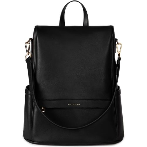 MIA + SOPHIA Leather Diaper Bag Backpack with USB Charging port, Changing Pad, Stroller Straps (Black Mia)