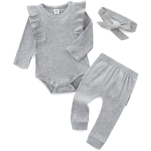 Fullfamous Baby Girl's 3pc Rib Frill Long Sleeve Romper and Pant Set