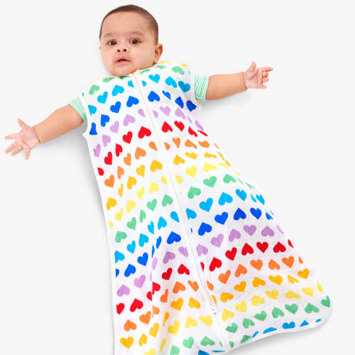 Muslin sleep sack in rainbow heart