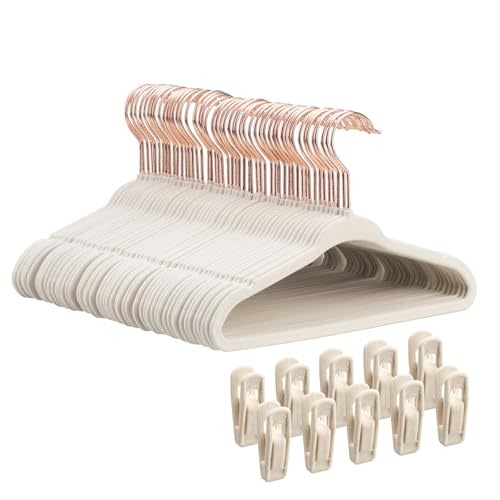 Tonswachic Baby Velvet Hangers 50 Pack - 11" Inch Premium Non Slip Kids Felt Hangers for Clothes - Ultra Thin Baby Felt Hangers for Toddler Kids' Closet with 10 Hanger Clips - Beige