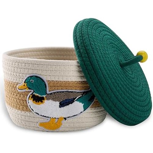 Mallard Duck Woven Basket with Lid - Handcrafted Cotton Mallard Duck Decor Basket for Nursery Decor, Hunting Baby Stuff & Home Organization Storage Bins for Bedroom Bathroom Room Desktop Accessories