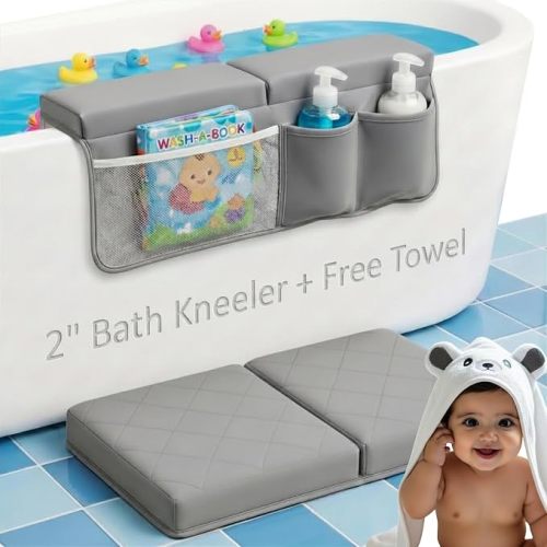 2inch Extra Thick Baby Bath Kneeler and Elbow Rest Pad Set + Hooded Towel | Embroidered Design Kneeling Pad for Bathing Baby | Dual-Layer Memory Foam Bathtub Kneeler and Elbow Rest Set