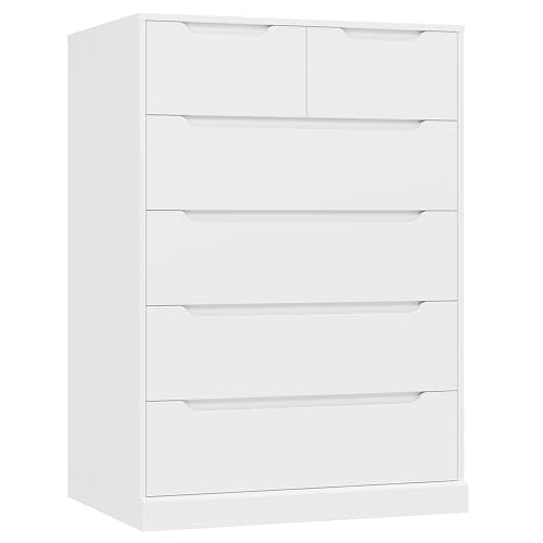 HOSTACK Modern 6 Drawer Dresser for Bedroom, Tall Chest of Drawers with Storage, Large Wood Storage Chest Organizer with Cut-Out Handle, Accent Storage Cabinet for Living Room, Entryway, Classic White